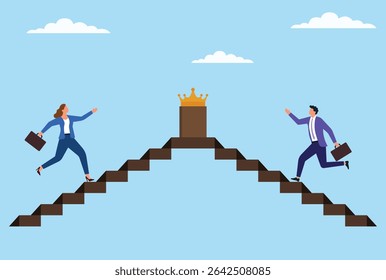 Vector illustration of a man and woman climbing stairs toward a crown from opposite sides, symbolizing equal pursuit of knowledge, ambition, and the path to leadership and success
