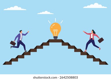Vector illustration of a man and woman climbing stairs from opposite sides, moving toward bright light bulbs symbolizing creativity, innovation, ambition, and success
