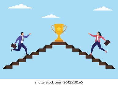 Vector illustration of a man and woman climbing stairs from opposite sides, each striving to reach a trophy that symbolizes success, ambition, competition, and achievement

