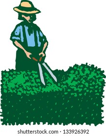 Vector illustration of man or woman clipping hedge