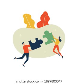 Vector Illustration. Man And Woman Connecting Puzzle. Teamwork, Partnership