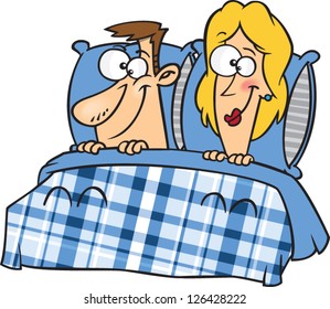 Vector illustration of man and woman couple in bed with plaid bed spread