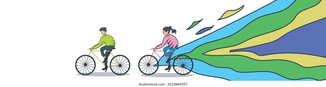 Vector illustration of a man and woman cycling together deal for sports and marathon banners, teamwork events, fitness and active lifestyles.