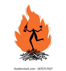 Vector illustration with man or woman dancing on fire with bottle and glass of red wine. Funny print design, colored home decoration poster.
