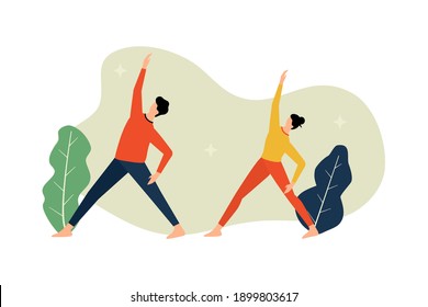 Vector illustration, man and woman doing yoga, yoga day