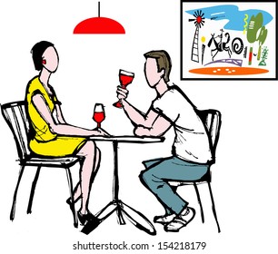 Vector illustration of man and woman drinking wine at restaurant table.