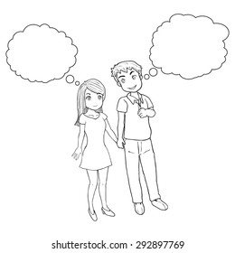 vector illustration of man and woman with empty balloon text line art for coloring book