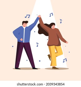 Vector illustration, man and woman enjoy dancing and party on dancefloor with music background.