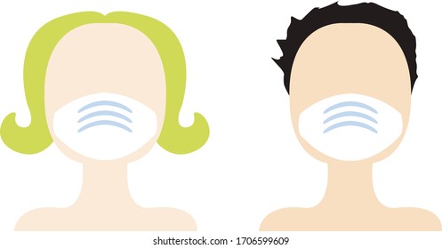 vector illustration  of man and woman in face mask close up portrait on white background
