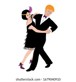 Ilustración vectorial del hombre y la mujer en la pose del foxtrot al estilo de los años 20. Hermosa pareja joven europea. Carácter plano, aislado en un fondo blanco