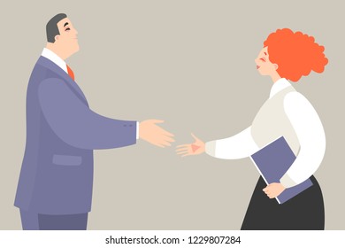 Vector illustration of a man and woman getting ready to shake hands while making a deal. Scene of office life in cartoon style.
