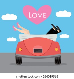 Vector illustration of man and woman, girl and boy in car and sign Love on heart. Minimalistic flat style.