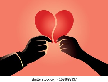 Vector illustration of a man and woman hand holding each part of heart symbol