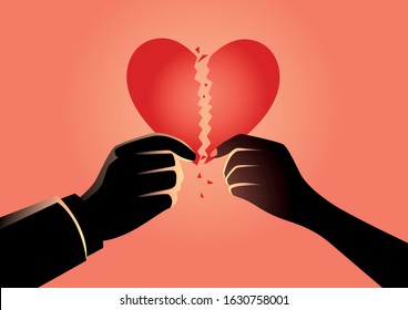 Vector illustration of a man and woman hands holding broken heart symbol. Divorce concept