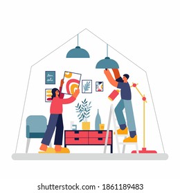 Vector illustration of man and woman hanging paintings and lamp while decorating cozy room during renovation works in new apartment
