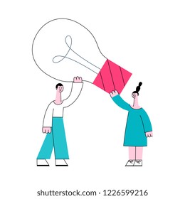 Vector illustration of man and woman having and developing common idea in flat style for effective teamwork concept - male and female characters holding big light bulb isolated on white background.