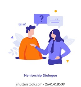 Vector illustration with man and woman having a mentorship dialogue and giving advice. Mentoring people in professional and career development.