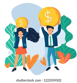 Vector illustration of a man and a woman holding dollar coins above their heads. Concept illustration of gender pay gap. Men earn more money than women. Abstract background