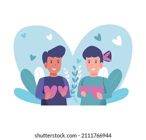 Vector illustration man and woman holding love sign in valentines day background.