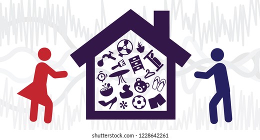 vector illustration of man and woman and home full of things for relationship divorce or property problems solutions