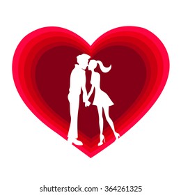 Vector illustration of the man and the woman kissing near a big red heart.