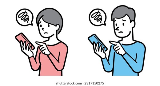 Vector illustration of a man and a woman looking at a smartphone with a troubled expression