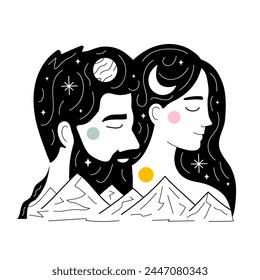 Vector illustration with man and woman, nature mountain landscape and hand drawn elements like planets, lines, stars and moon. Trendy romantic print design with couple in harmony and love