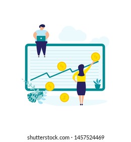 Vector illustration, a man and woman are on a large monitor of financial statements, infographics, web, landing page, print