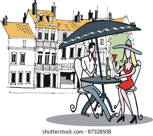 Vector illustration of man and woman at outdoor cafe, France.