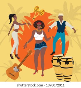 Vector illustration of man, woman at the party dancing hot Latin dance, salsa, cha-cha, rumba, mambo. Tropical background, t-shirt, poster, party invitation concept.