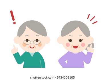 Vector illustration of man and woman pointing. Smiling elderly couple. Image of discovery and awareness.