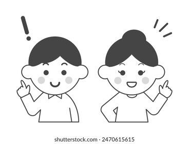 Vector illustration of man and woman pointing. Smiling young couple. Black and white. Image of discovery and awareness.