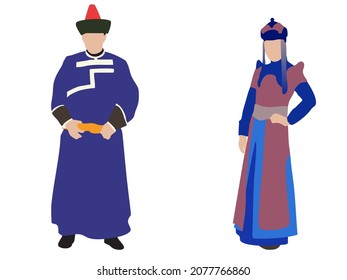 Vector illustration of man and woman posing in traditional Mongolian dress