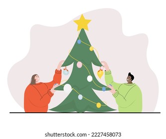 Vector illustration man and woman are preparing for the new year, decorating a Christmas tree for the holiday, hanging Christmas toys