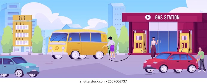 Vector illustration of a man and a woman refueling a car and bus at a fuel pump at a gas station against a backdrop of an urban landscape and blue sky.