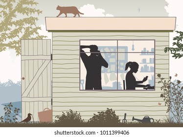 Vector illustration of a man and woman running a startup business from their garden shed 