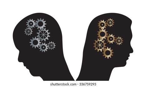 Vector illustration of man and woman silhouettes with cogs in their heads. Partnership problems metaphor.