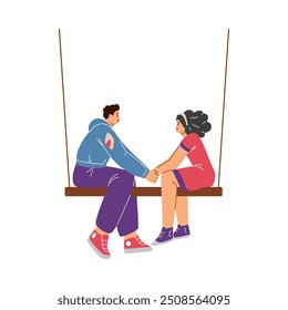 Vector illustration of a man and woman sitting on a swing and holding hands. Characters in love on an isolated background. Concept of love, happiness and spending time together. Flat Style.