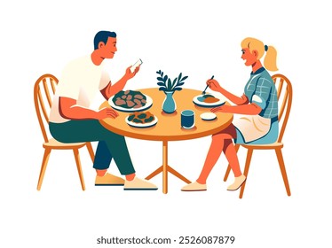 A vector illustration of a man and woman sitting at a table, having a meal. The scene is isolated on a white background, perfect for food-related projects or advertisements.