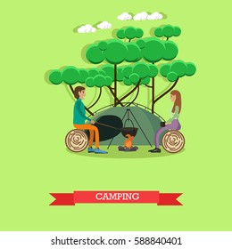 Vector illustration of man and woman sitting at the campfire, making meal on the open fire. Camping, summer outdoor activity concept design element in flat style.