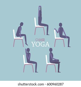 Vector Illustration Of Man Or Woman Sitting On A Chair In Yoga Poses. Relaxing And Stretching Schematic Image. Flat Vector Illustration In Gentle Palette.