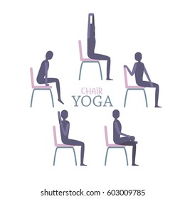 Vector Illustration Of Man Or Woman Sitting On A Chair In Yoga Poses. Relaxing And Stretching Schematic Image. Flat Vector Illustration In Gentle Palette.