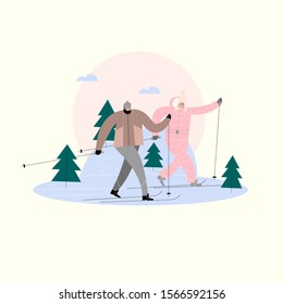 Vector illustration of man and woman skiing in the winter forest