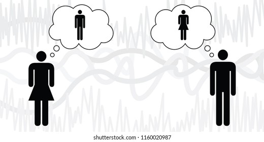 vector illustration of man and woman with speech bubbles or thoughts for relationship and gender issues