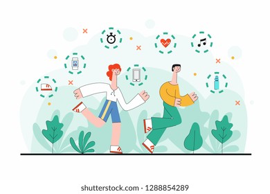 Vector illustration of man and woman in sportswear running outdoors surrounded by green trees and symbols of sport equipment isolated on white background in trendy flat style.