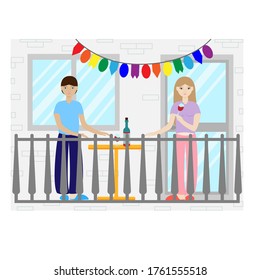 Vector illustration man and woman are standing on the balcony. Relax on the balcony with wine. Celebration on the balcony. Stay at home.