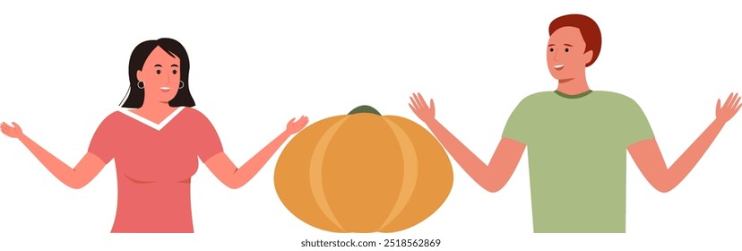 Ilustração vetorial de um homem e uma mulher de pé ao lado de uma abóbora gigante, com uma expressão intrigada, representando um divertido Halloween ou um momento com tema de outono.