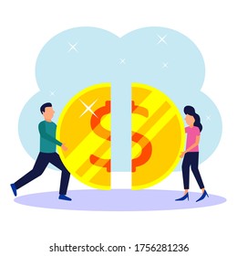 Vector illustration, man and woman still bringing together two gold coins, teamwork, teamwork.