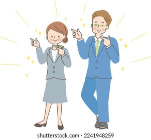 Vector illustration of man and woman in suit pointing posing