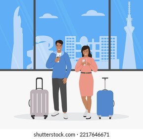 Vector Illustration Man, Woman With Suitcases Use Cell Phones. Tourist. People Take Photos, Selfies. Japan Asia Summer Vacation Travel, Adventure Concept. Tourism Japanese Culture Skyscrapers Building